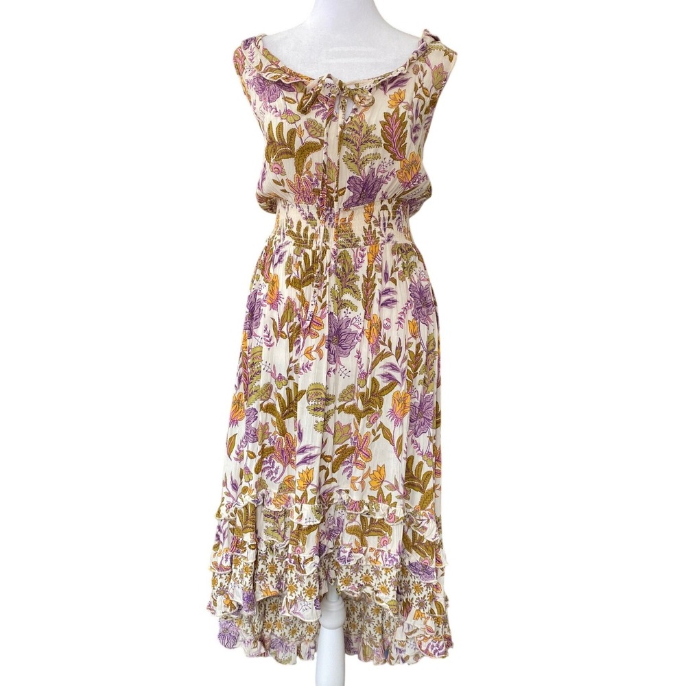 Floral Paisley Smocked High Low Cream Midi Dress Boho Cottage Femme Trad‎ Spring